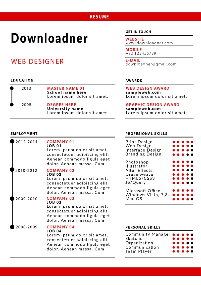 Single Paged Red and White CV and Resume Design