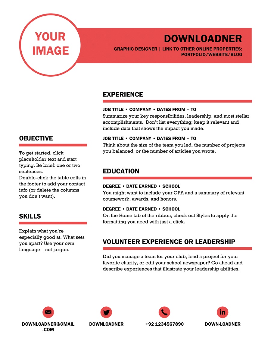 White and Red Resume and CV Template in MS Word JPG